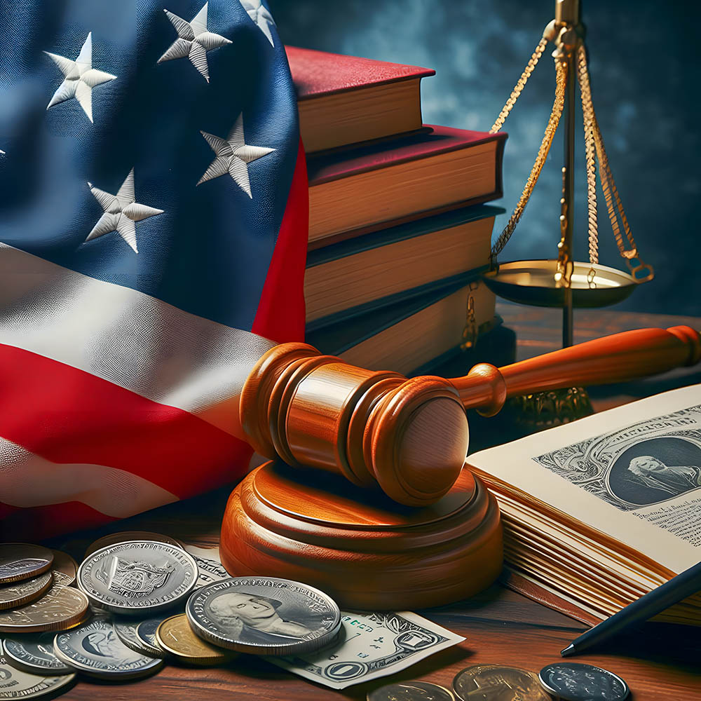 USA flag behind legal books, gavel, scales, and currency. Americ